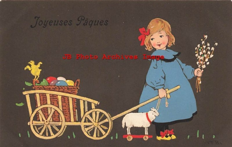 Easter, Meissner & Buch No 1986, Girl Holding Cotton Tails Pulling Wagon of Eggs