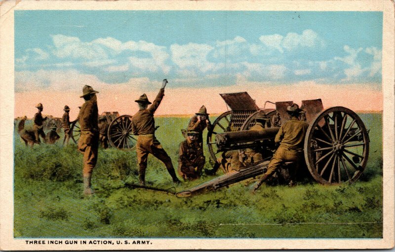 Vtg 1917 Three Inch Gun In Action US Army WWI Era Postcard