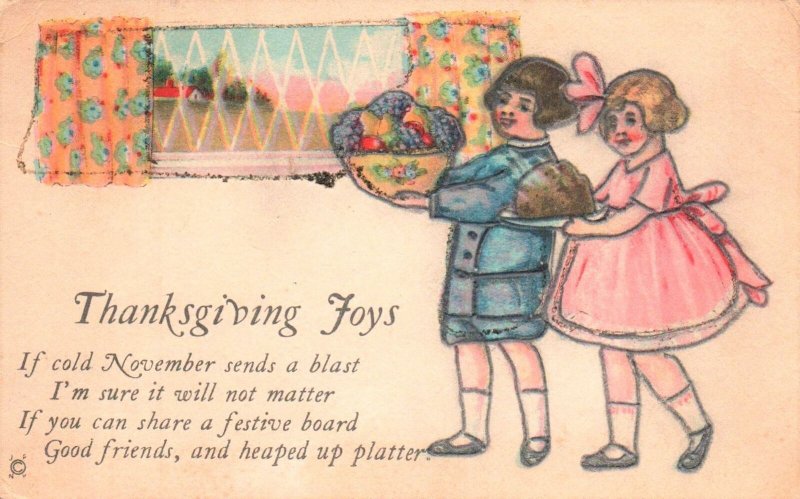 VINTAGE POSTCARD THANKSGIVING JOYS HANDCOLORED GLITTERED GREETING CARD c. 1920