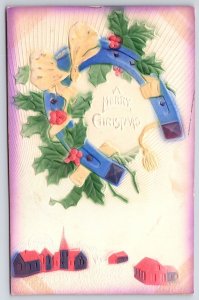 1910's A Merry Christmas Holy Leaf & Lucky Horseshoe Greetings Posted Postcard