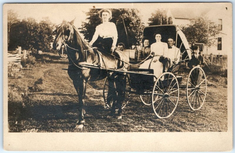 c1900s Horse Drawn Carriage RPPC Woman Riding Handsome Men Real Photo Farm A135