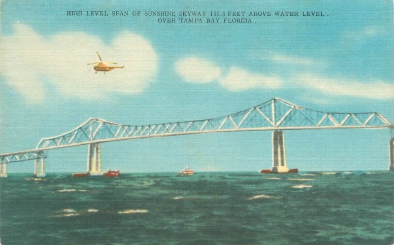 Tampa Bay Florida Sunshine Keyway, Bridge, Helicopter 1956 Linen Postcard