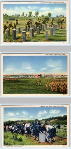 3 Postcards CAMP GRANT, IL ~ Jumping Hurdles, Drill Parade, Mess Clean Up 1940s