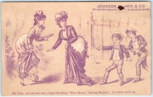 c1880s Hackensack, N.J Embarrassed Girl Dress Rips Butt Trade Card Hasbrouck C27