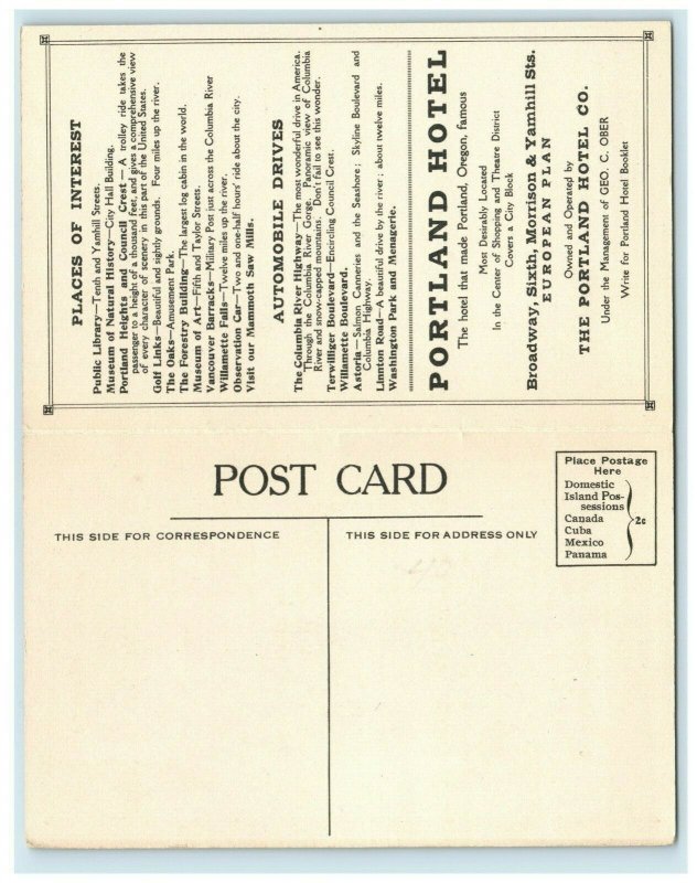 C.1916 Portland Hotel Orchestra Program Oregon Postcard F30