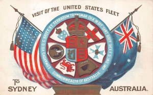 GREAT WHITE FLEET SYDNEY AUSTRALIA FLAGS COAT OF ARMS MILITARY POSTCARD (1908)