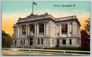 Springfield Illinois~Public Library Bldg Street View~US Flag~Vintage Postcard