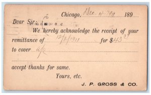 1911 Acknowledge Receipt of Remittance Chicago IL Muscatine Iowa IA Postal Card