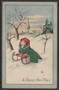 A Happy New Year,Girl on Sled Postcard