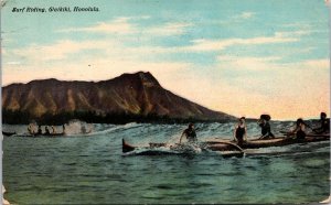 VINTAGE POSTCARD RIDING THE SURF AT WAIKIKI HAWAII MAILED 1911 (UNCOMMON VIEW)