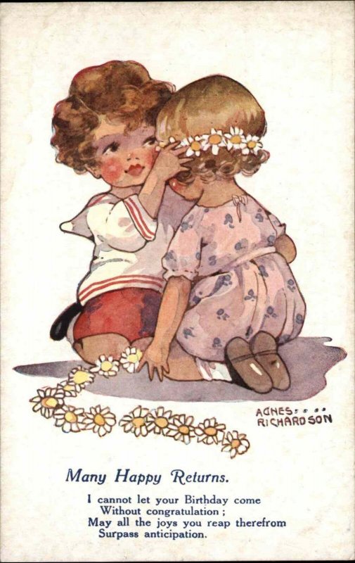 Agnes Richardson Birthday Little Boy Puts Crown on Girl Vintage Postcard
