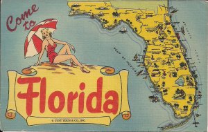 Florida Map FL, Beautiful Woman on Beach Sexy Girl, Umbrella, Teich Linen 1940s
