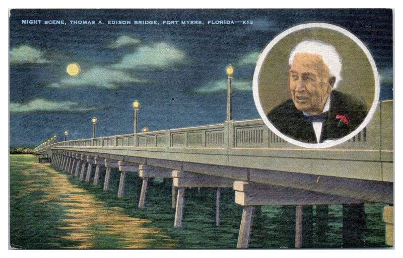 Mid-1900s Thomas Edison Bridge, Fort Myers, FL Postcard