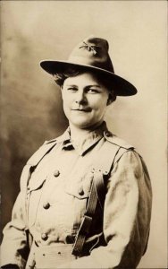 Woman in US Army Military Uniform Hat w/ Crossed Guns FINE PHOTOGRAPHY RPPC