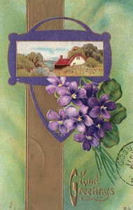 Vintage Postcard 1911 Kind  Greetings Beautiful Purple Flowers Nature Scene