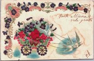 Beautiful Flowers And Birds Pigeons Flower Cart Art Embossed Postcard C177