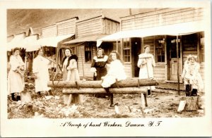 RPPC Real Photo Postcard YT Dawson Women Cutting Logs with Saws ~1910 K28