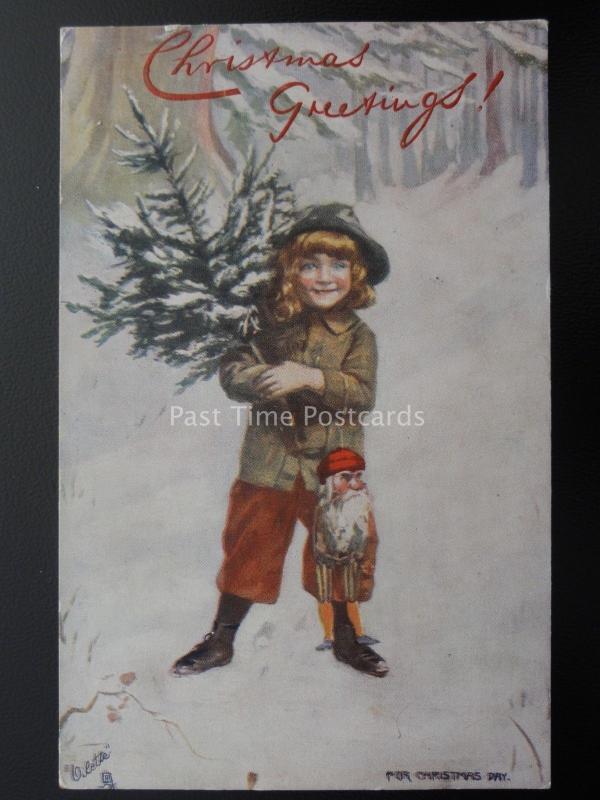 CHRISTMAS GREETING Boy With Tree Stands in Snow c1904 Postcard Raphael Tuck 8227