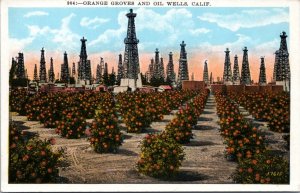 Postcard CA - Orange Groves and Oil Wells