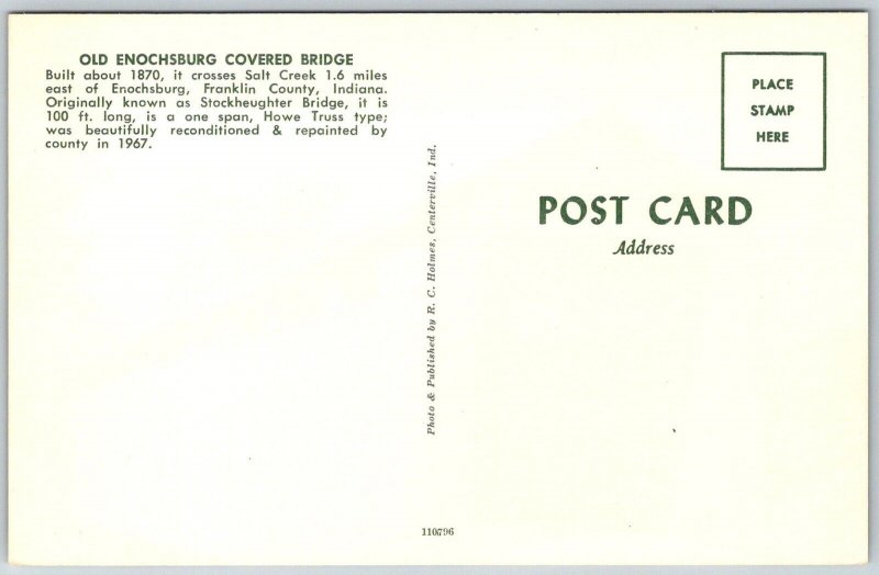 Enochsburg Franklin County Indiana 1960s Postcard Old Enochsburg Covered Bridge