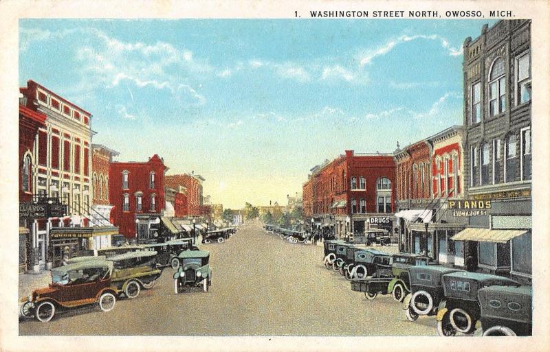 Owosso Michigan view of Washington St N business district antique pc (Y7605)