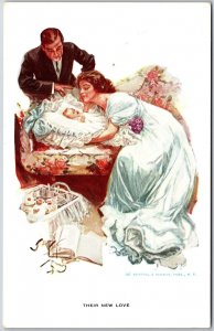 Couple With Baby Sleeping in Bead Cuddle Time Family Time Postcard