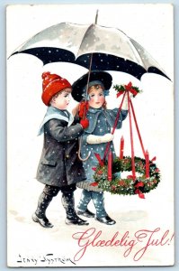 Jenny Nystrom Signed Postcard Christmas Children With Wreath Berries Snowfall