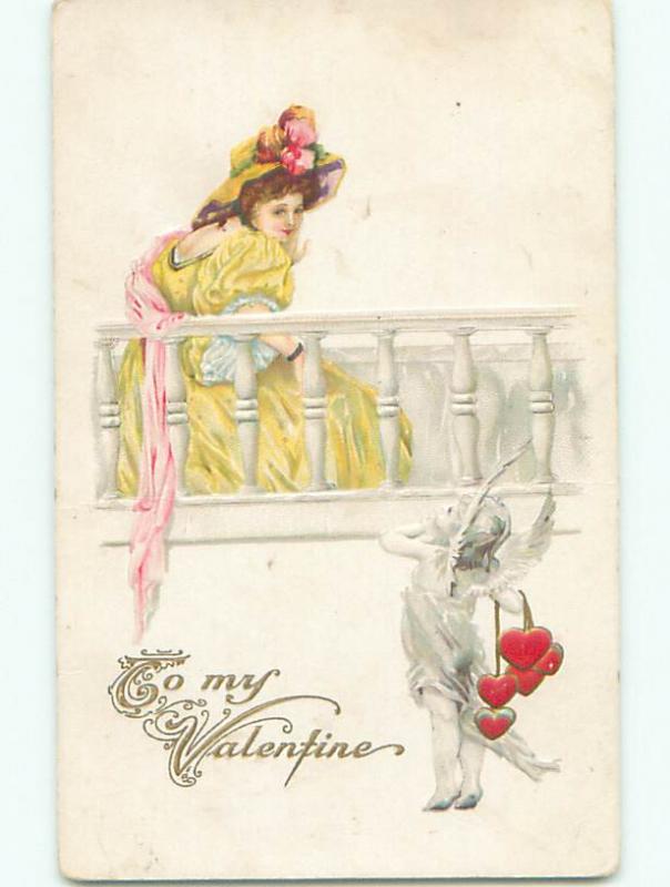 Pre-Linen valentine PRETTY GIRL IN YELLOW DRESS LOOKS DOWN AT CUPID k5979