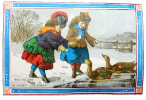 1870s-80s Lovely Girls Winter Feeding Geese Happy Christmas Victorian Card F24