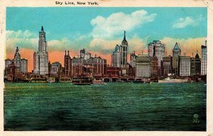 USA Skyline New York Linen Postcard 08.88