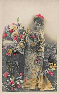 BEAUTIFUL WOMAN-INTRICATE STYLISH DRESS-FLOWERS-LOT OF 3 FRENCH PHOTO POSTCARDS