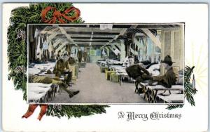 A MERRY CHRISTMAS  Soldiers and Cots  WWI Era  with Wreath c1910s  Postcard