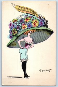 c1910s Pretty Woman Exaggerated Floral Hat Signed Artist France Antique Postcard