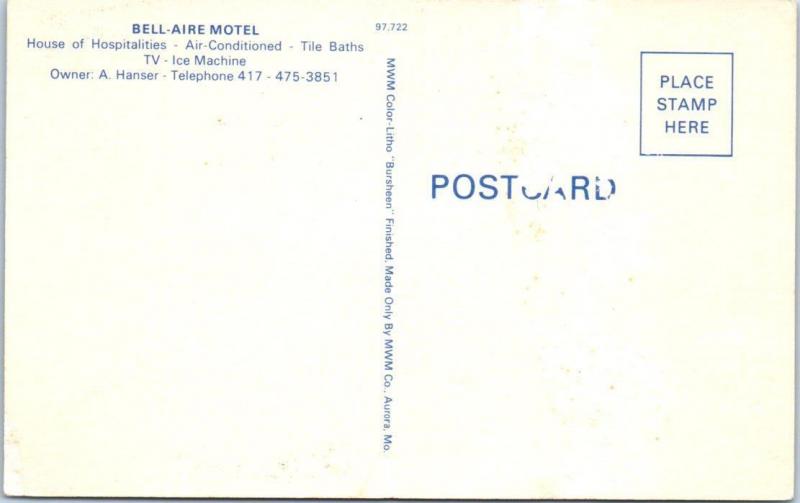 NOEL, Missouri  MO    BELL-AIRE MOTEL    Roadside  ca 1960s   Postcard