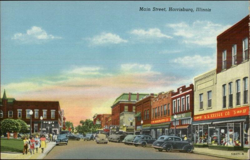 Harrisburg IL Main St. Stores Cars Linen Postcard