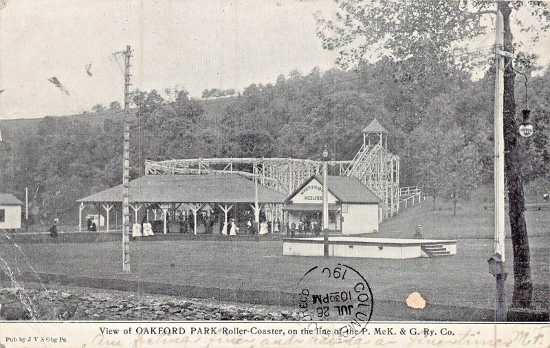 JEANNETTE PA-OAKFORD PARK-ROLLER COASTER ON P McK & G RAILWAY LINE~1907 POSTCARD