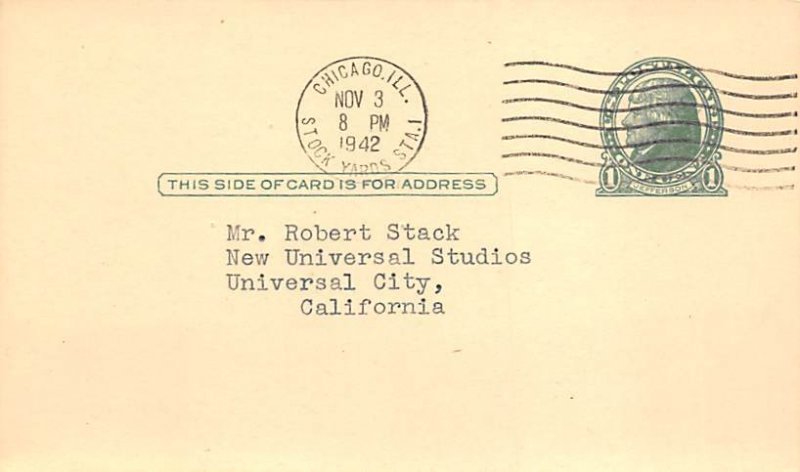 Addressed to Robert Stack Universal Studio Universal City, California USA Vie...