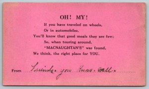 Macnaughtan's Restaurant  Manchester  Vermont  Postcard  1922