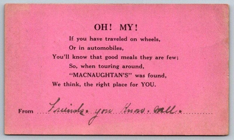Macnaughtan's Restaurant  Manchester  Vermont  Postcard  1922