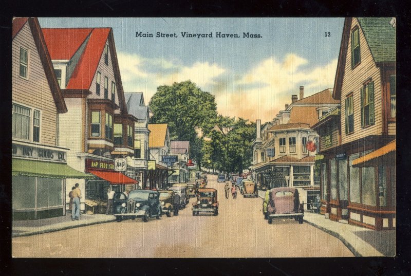 Martha's Vineyard, Massachusetts/MA Postcard, Main Street, Old Cars, Cape Cod