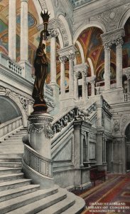 Vintage Postcard Grand Marble Staircase Library Of Congress Hall Washington DC