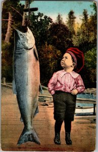 Little Boy Sizes Up Big Fish c1913 Vintage Postcard D14