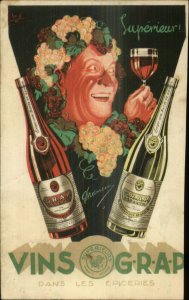 Wine Alcohol Vins Grap French Poster Art Grapes on Man's Head c1915 Postcard