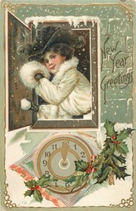 Holidays & celebrations 1900s greetings 1908 New Year glam dress hat clock