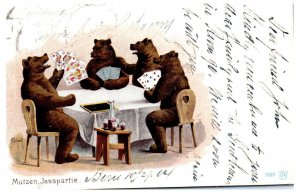 1904 Bears Playing Cards and Drinking Wine A/S Schmidt Anthropomorphic Postcard