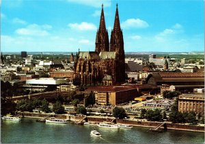 Postcard Germany Cologne Cathedral bird's eye view with boats on the Rhine