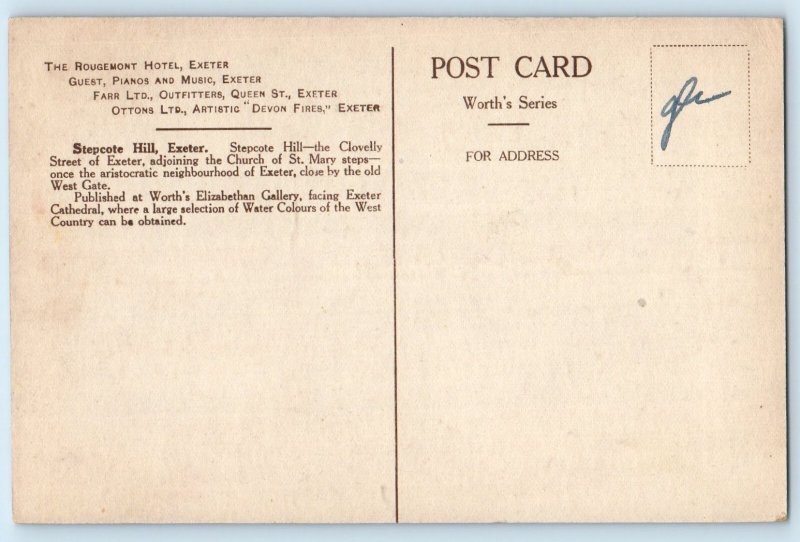 Exeter Devon England Postcard Stepcote Hill Worth's Series c1910 Unposted