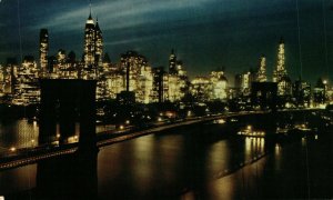 USA Brooklyn Bridge At Night New York City Vintage Postcard 08.47