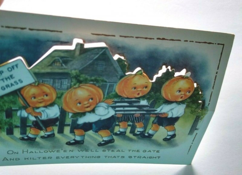 Halloween Postcard Whitney Die-cut Fantasy Pumpkin Face Heads Goblin Kids 1915