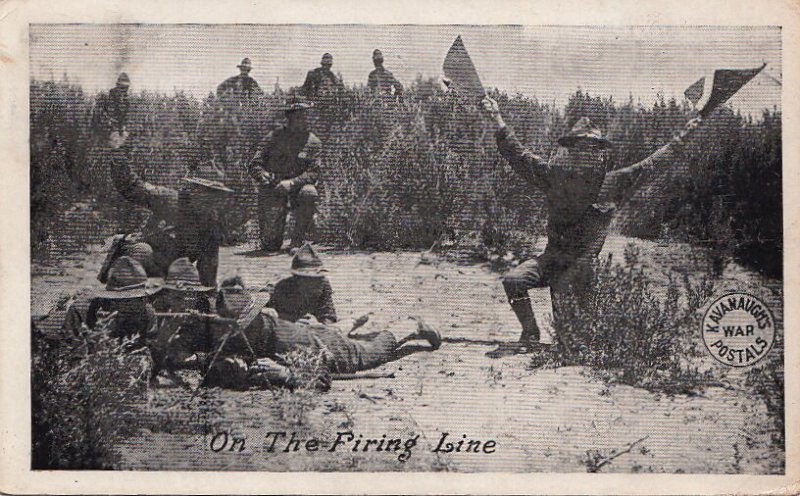 Postcard Military Soldiers On the Firing Line Waving Flags